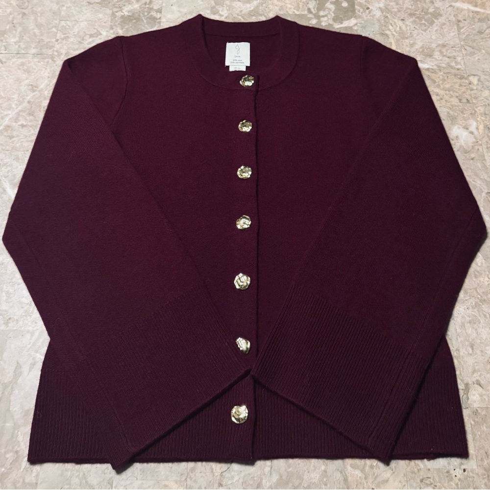 Joie Wool & Cashmere Burgundy Women’s Cardigan with Gold Buttons, Small. NWT